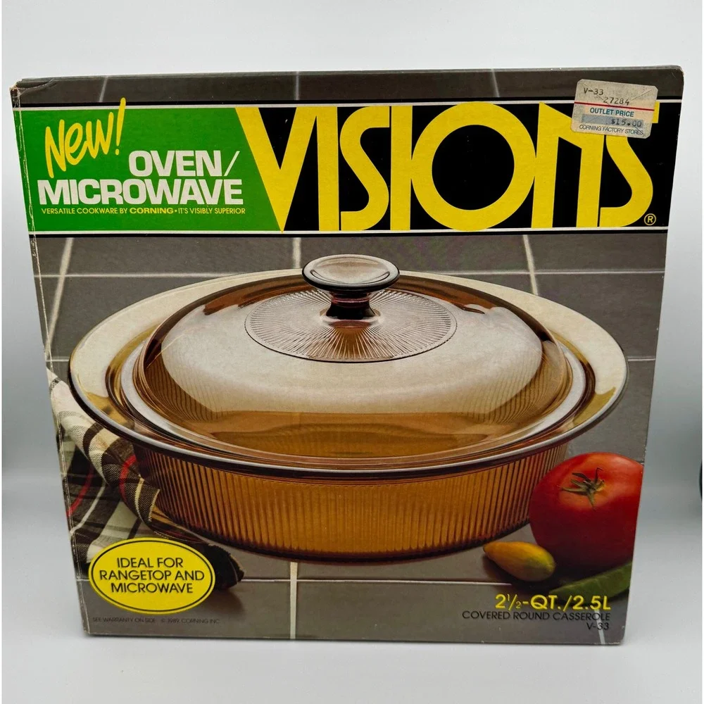 New Open Box Vintage Corning Visions Amber 2.5 Qt Ribbed Casserole Dish V-33